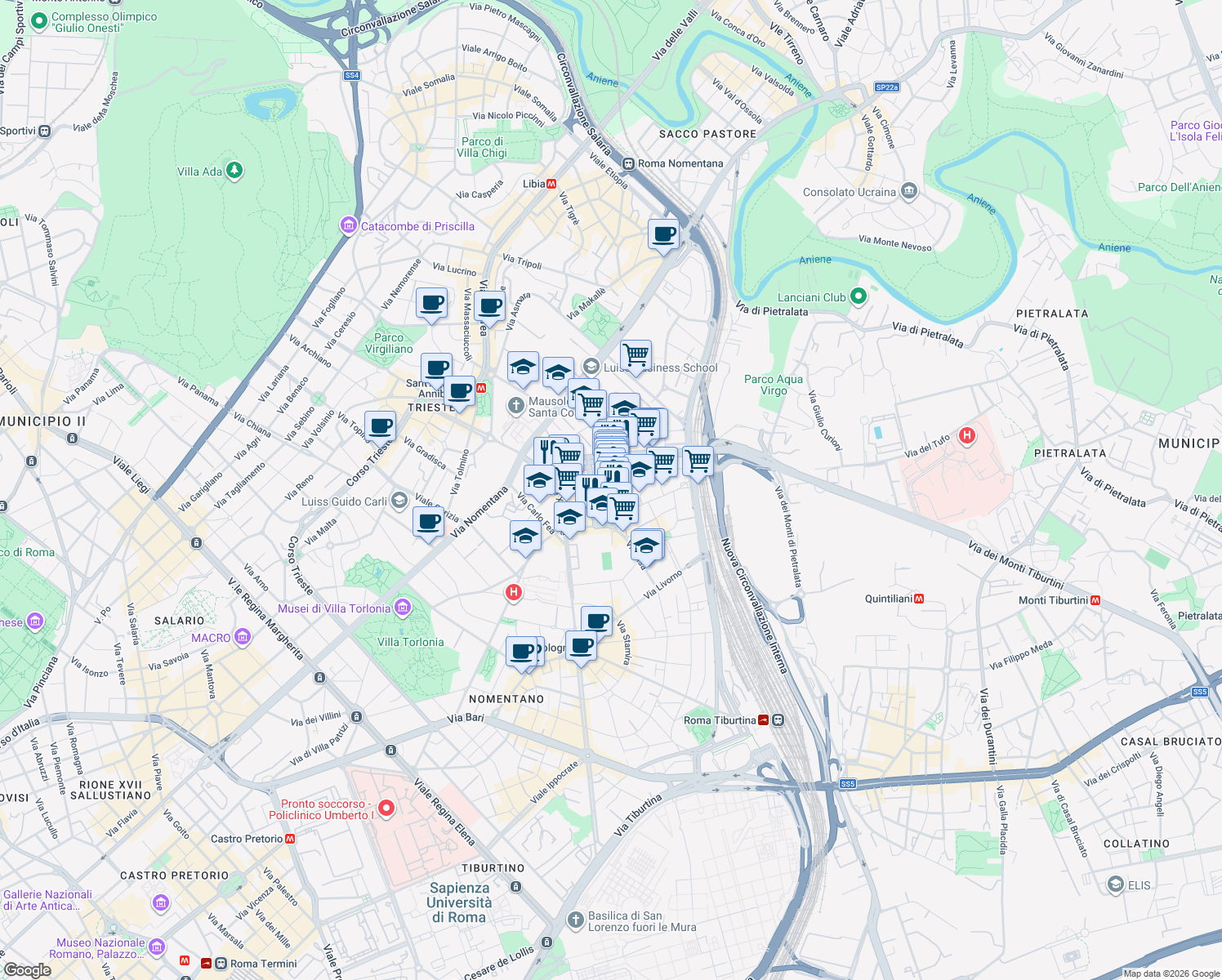 map of restaurants, bars, coffee shops, grocery stores, and more near 52 Via Ignazio Giorgi in Roma