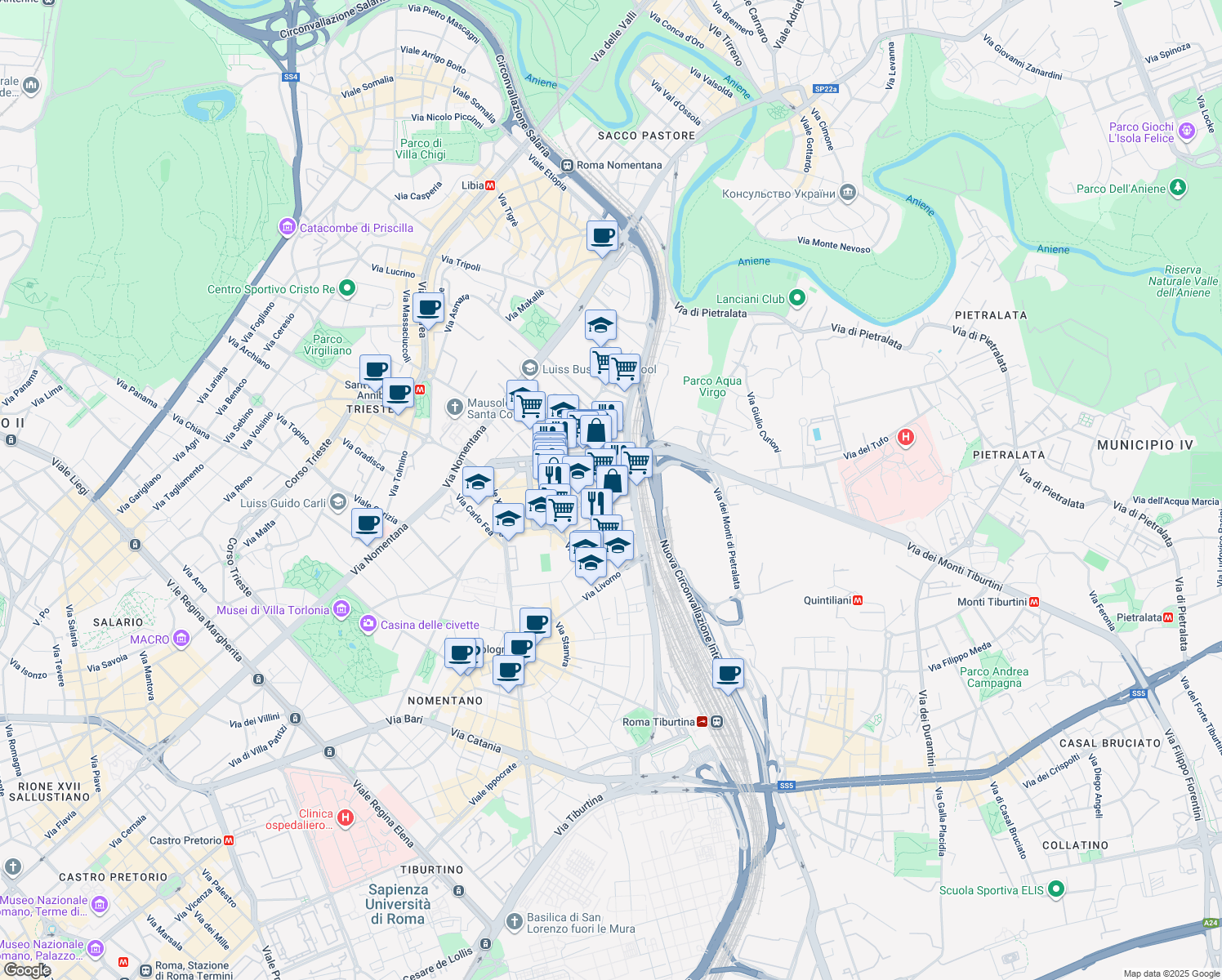 map of restaurants, bars, coffee shops, grocery stores, and more near 19-21 Via Cesare Rasponi in Rome