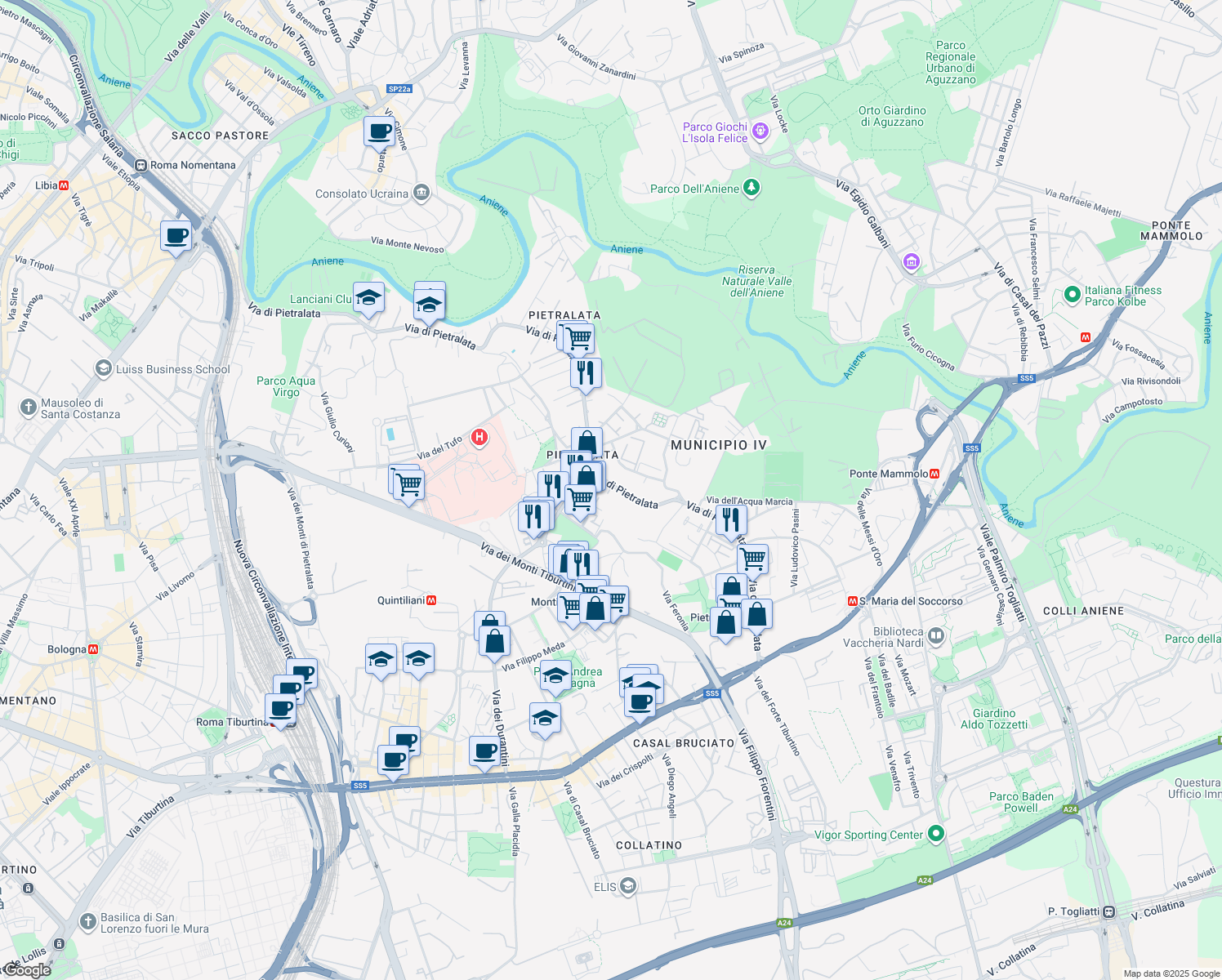 map of restaurants, bars, coffee shops, grocery stores, and more near 320A Via di Pietralata in Rome