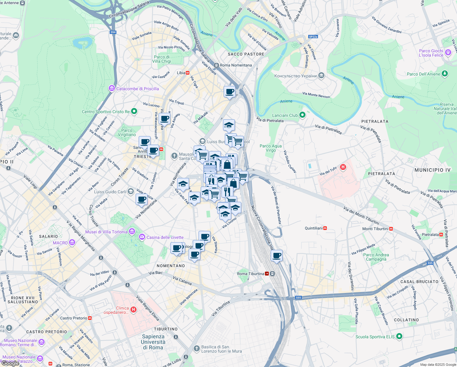 map of restaurants, bars, coffee shops, grocery stores, and more near 21 Via Cesare Rasponi in Roma