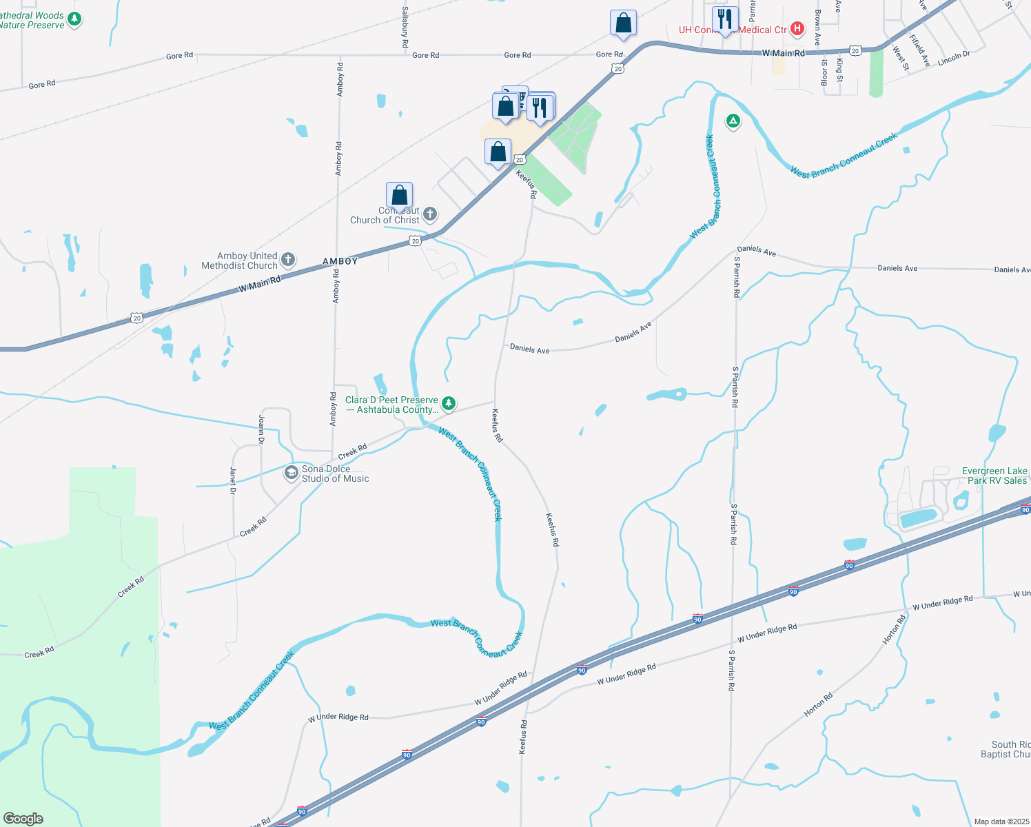 map of restaurants, bars, coffee shops, grocery stores, and more near 448 Keefus Rd in Conneaut