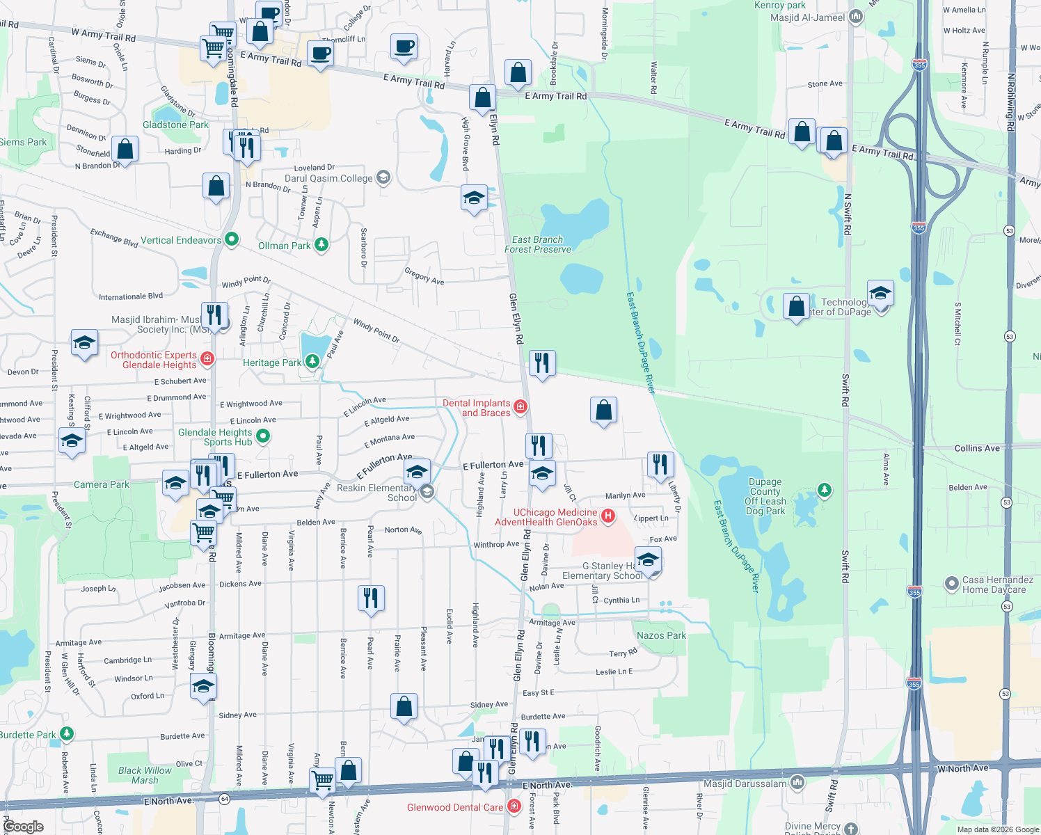 map of restaurants, bars, coffee shops, grocery stores, and more near 1660 Glen Ellyn Road in Glendale Heights