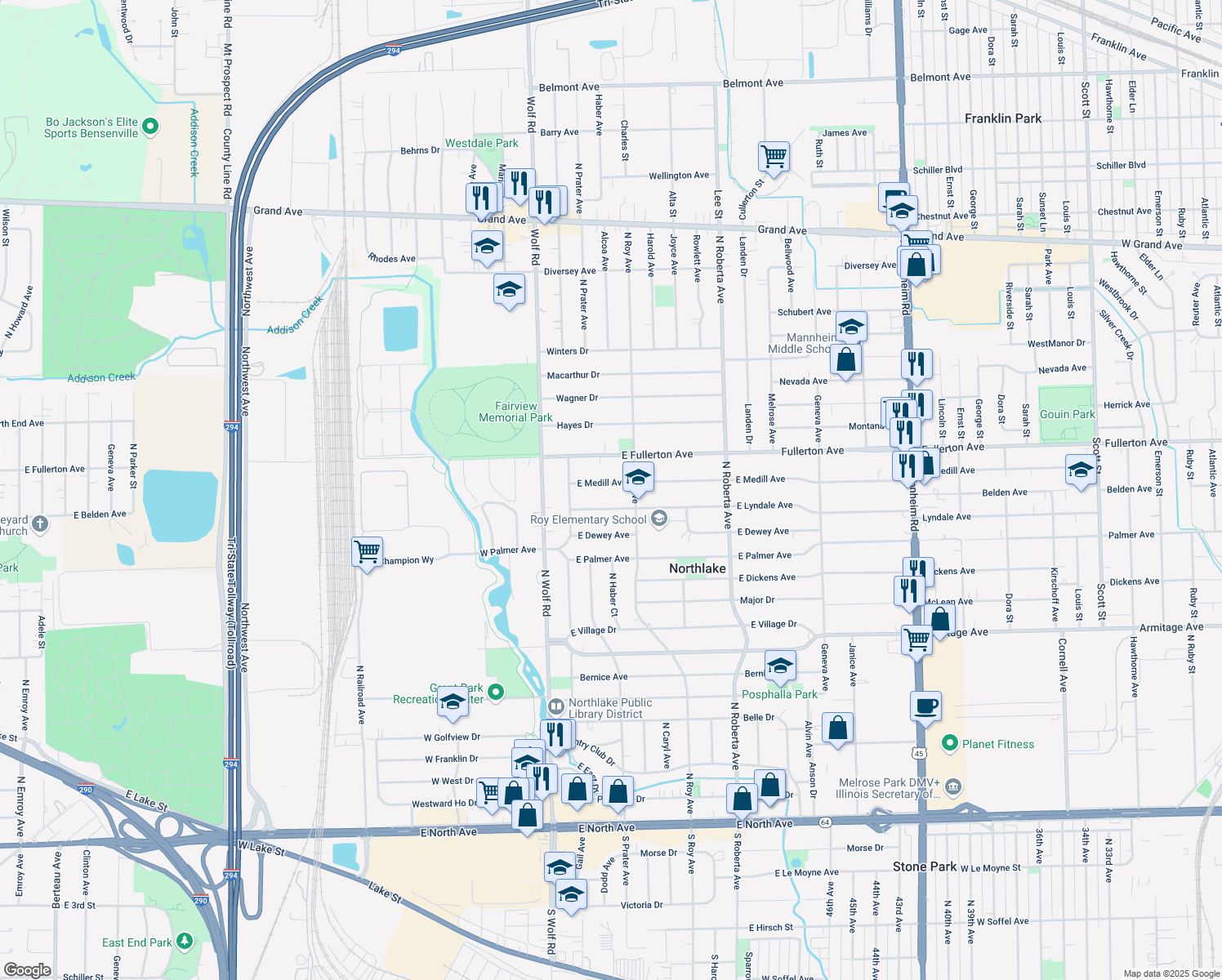 map of restaurants, bars, coffee shops, grocery stores, and more near 53 E Medill Ave in Northlake