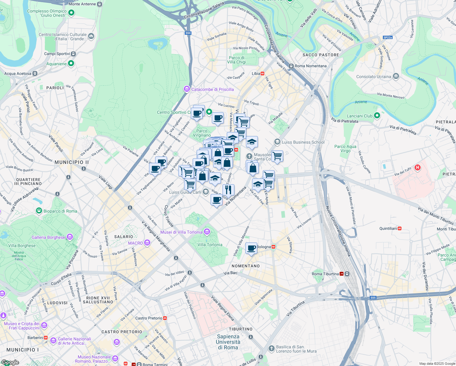 map of restaurants, bars, coffee shops, grocery stores, and more near 28 Via Tolmino in Rome