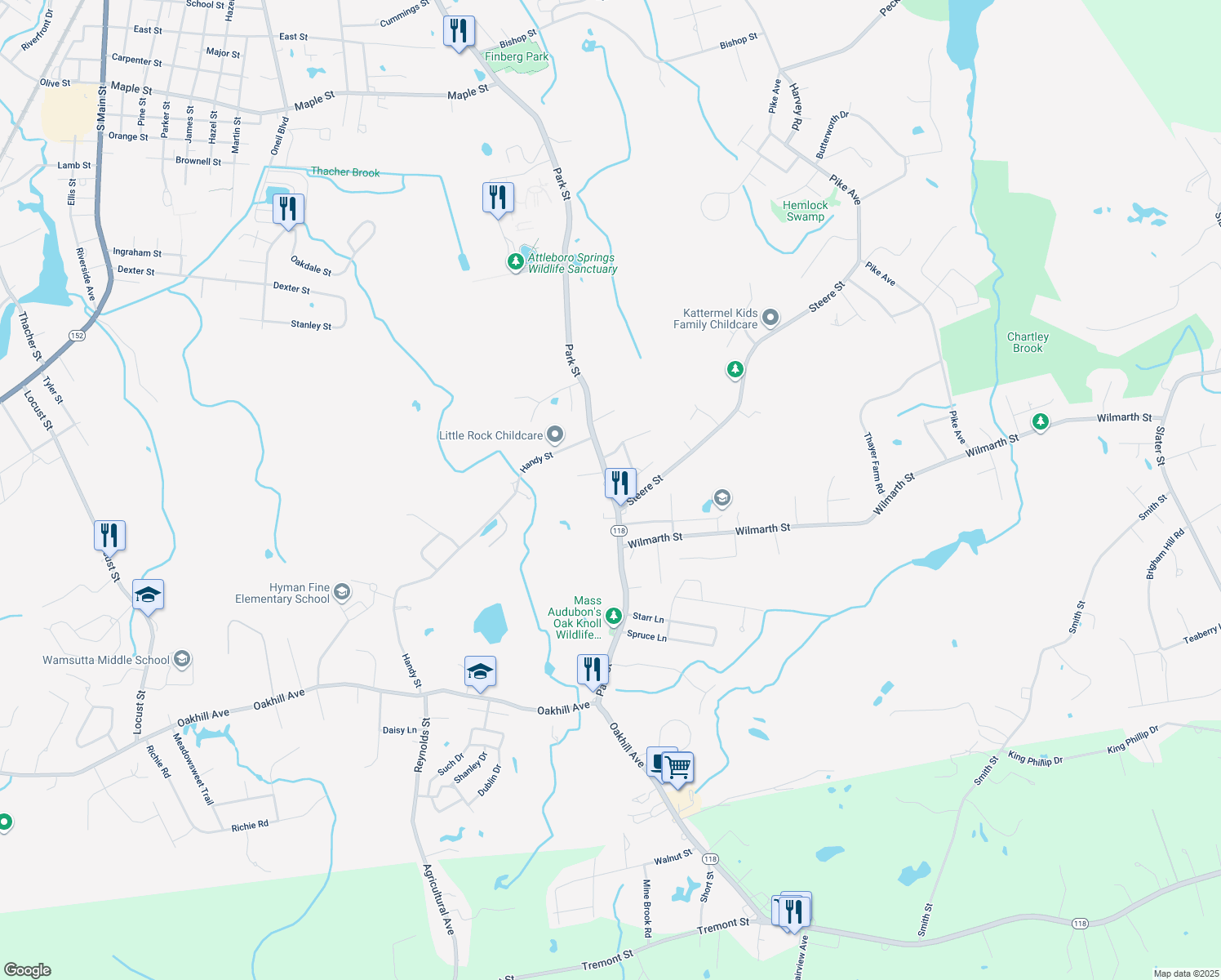 map of restaurants, bars, coffee shops, grocery stores, and more near 1259 Park Street in Attleboro