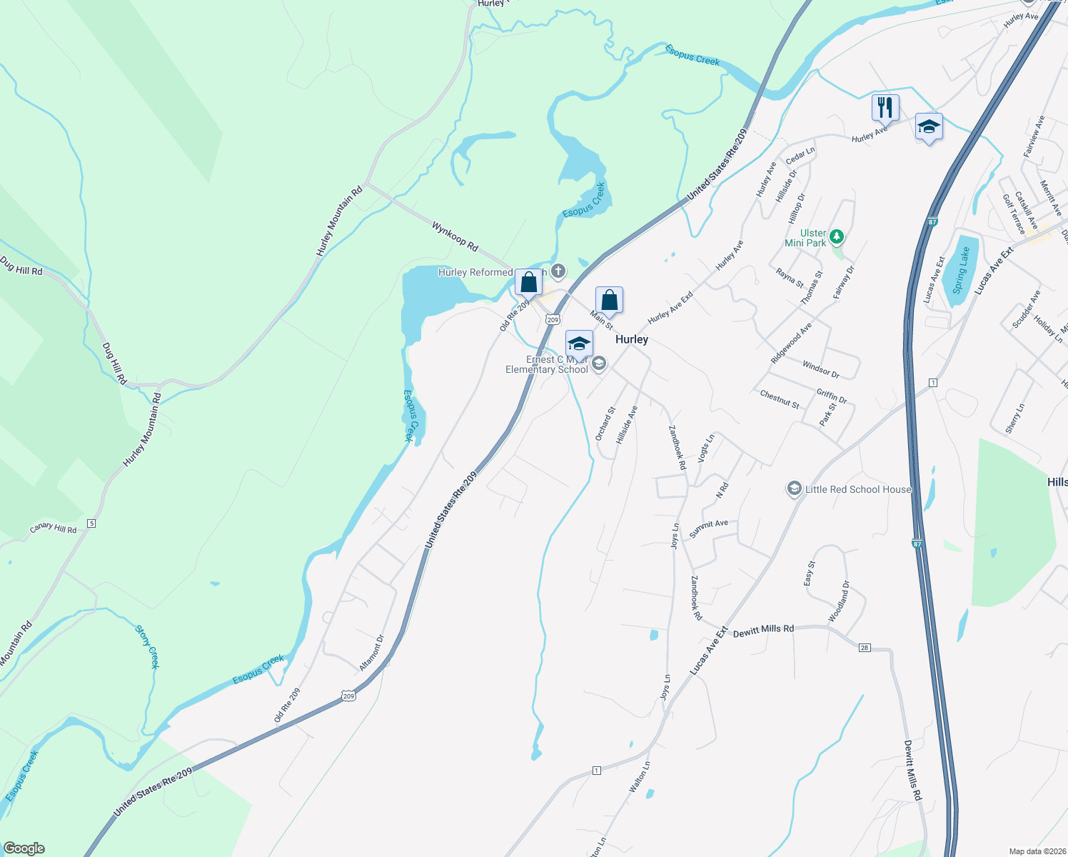 map of restaurants, bars, coffee shops, grocery stores, and more near 179 Russell Rd in Hurley