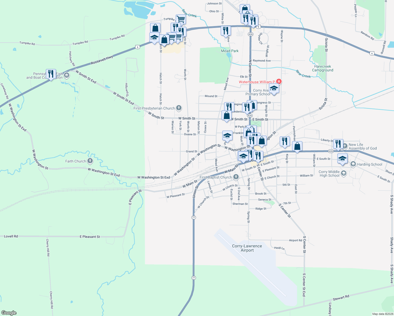 map of restaurants, bars, coffee shops, grocery stores, and more near 504 W Washington St in Corry
