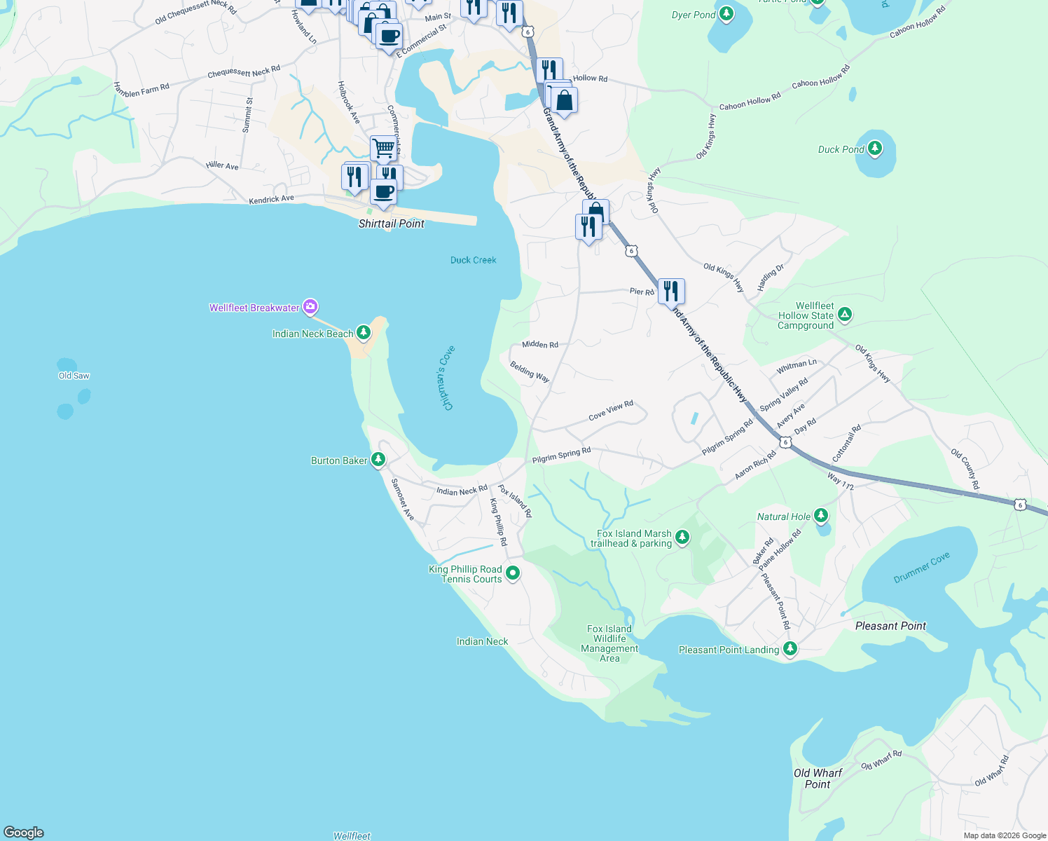 map of restaurants, bars, coffee shops, grocery stores, and more near 380 Cove Road in Wellfleet
