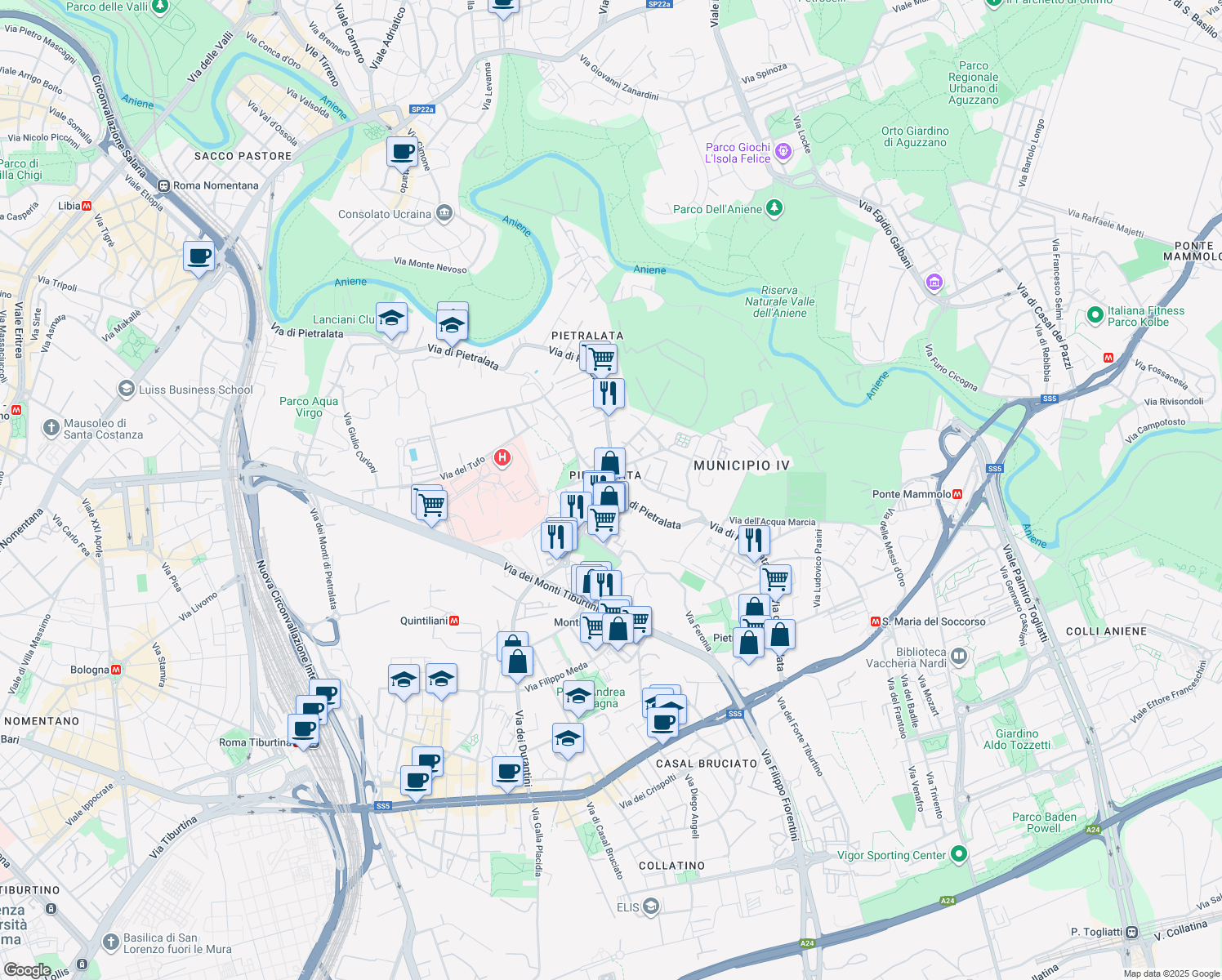 map of restaurants, bars, coffee shops, grocery stores, and more near 320A Via di Pietralata in Roma
