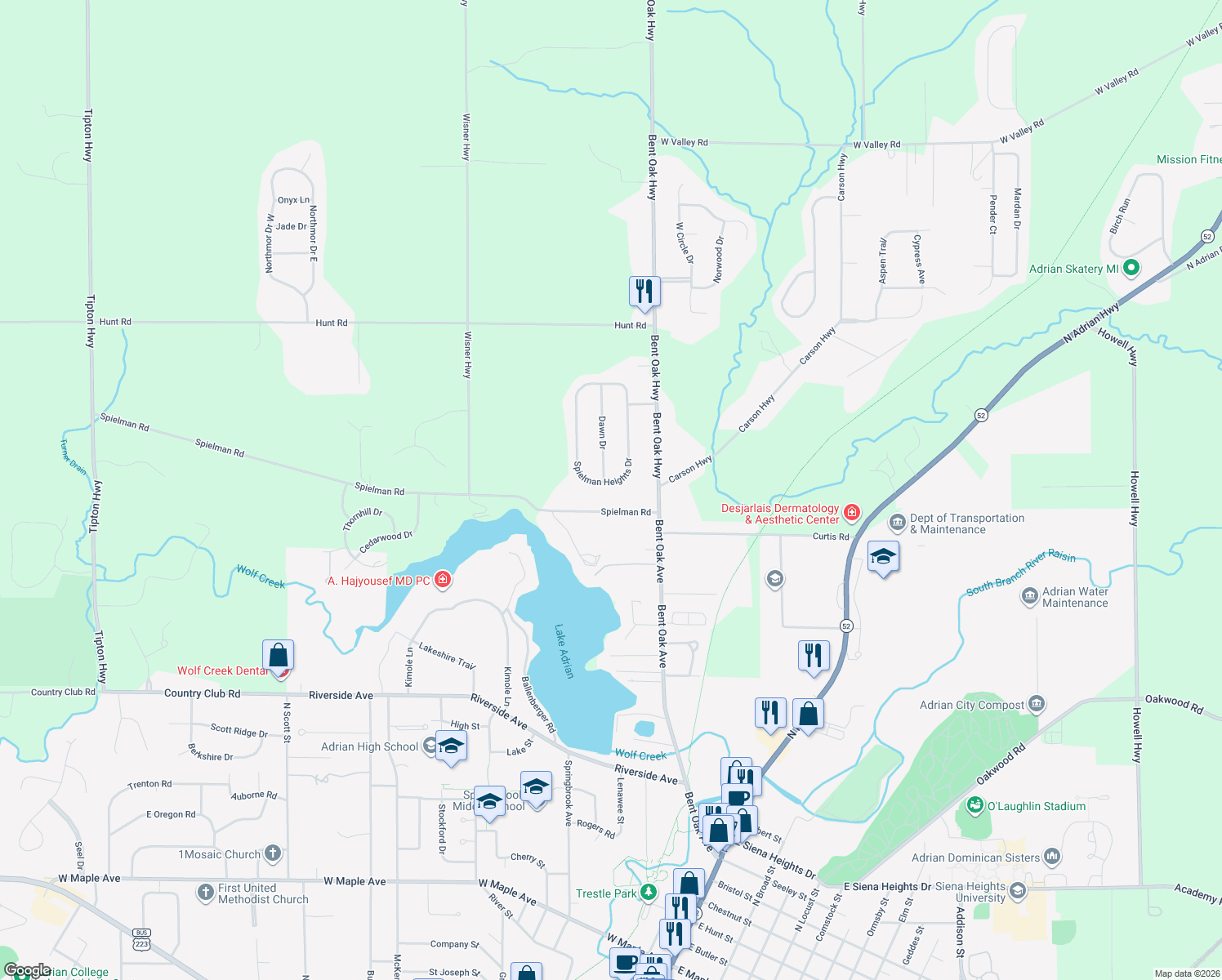 map of restaurants, bars, coffee shops, grocery stores, and more near 2653 Spielman Heights Drive in Adrian