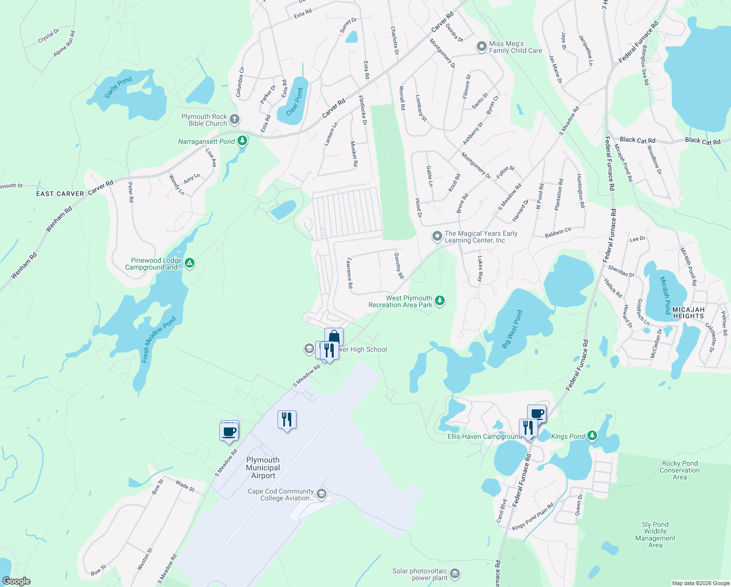 map of restaurants, bars, coffee shops, grocery stores, and more near 14 Lawrence Rd in Plymouth