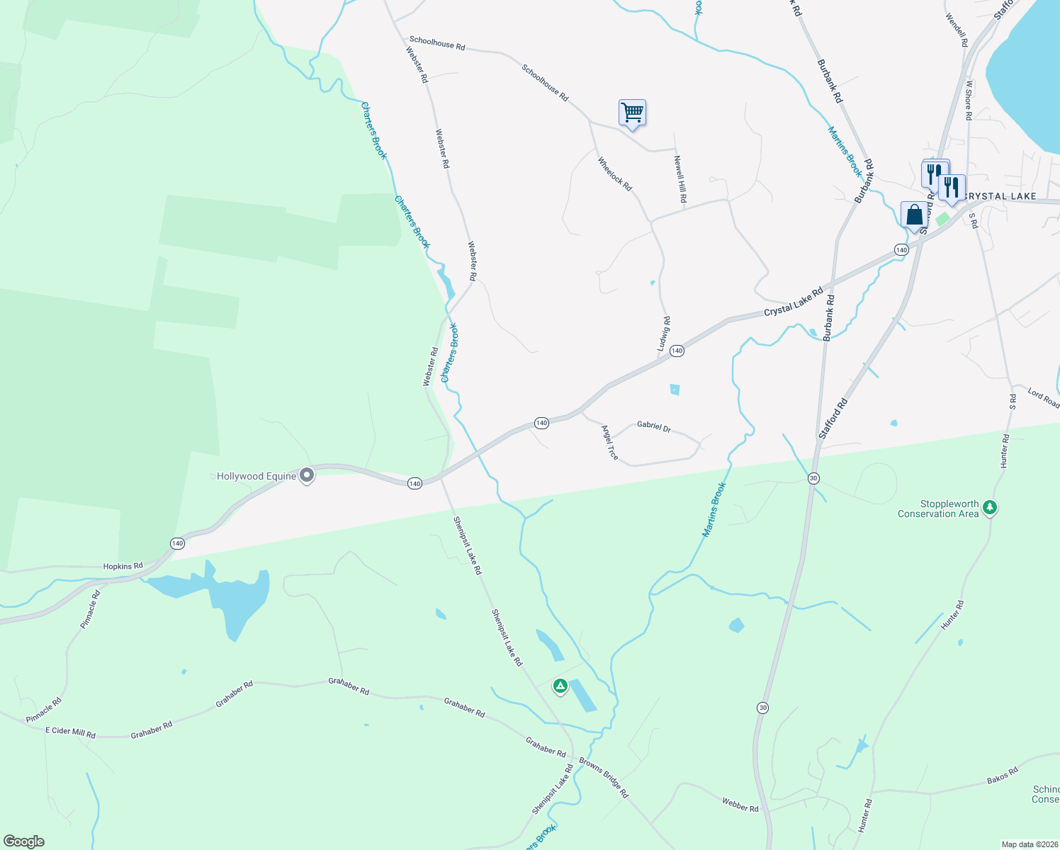 map of restaurants, bars, coffee shops, grocery stores, and more near 123 Crystal Lake Road in Ellington
