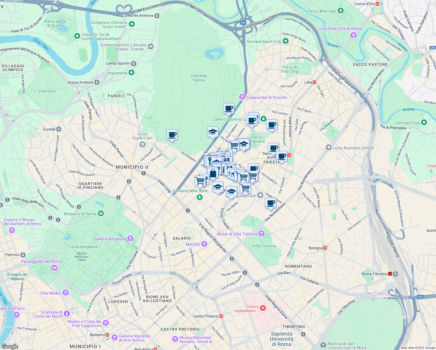 map of restaurants, bars, coffee shops, grocery stores, and more near 62 Via Chiana in Roma