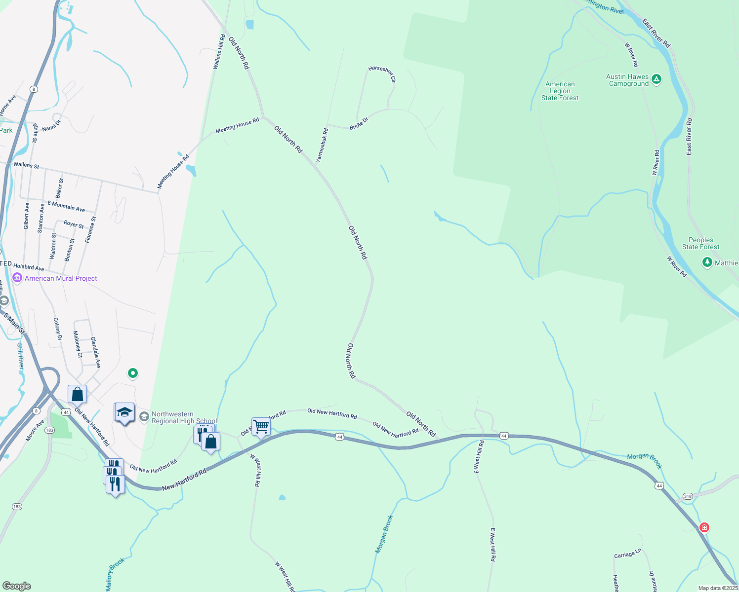 map of restaurants, bars, coffee shops, grocery stores, and more near 94 Old North Road in Barkhamsted