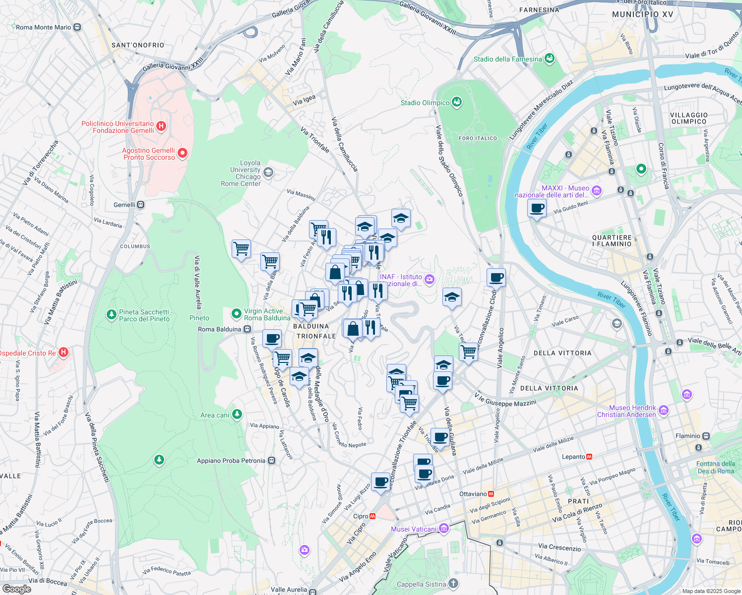 map of restaurants, bars, coffee shops, grocery stores, and more near Largo Aldo Zucchi in Roma