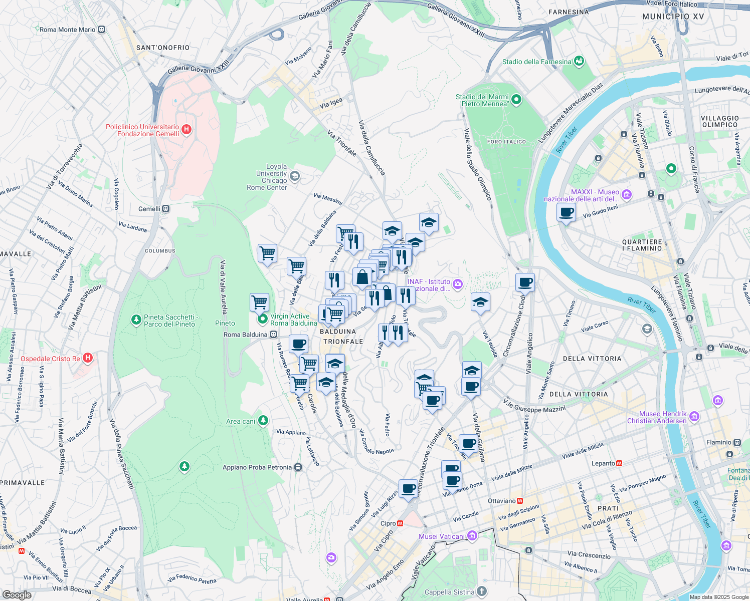 map of restaurants, bars, coffee shops, grocery stores, and more near 7 Via Seneca in Roma