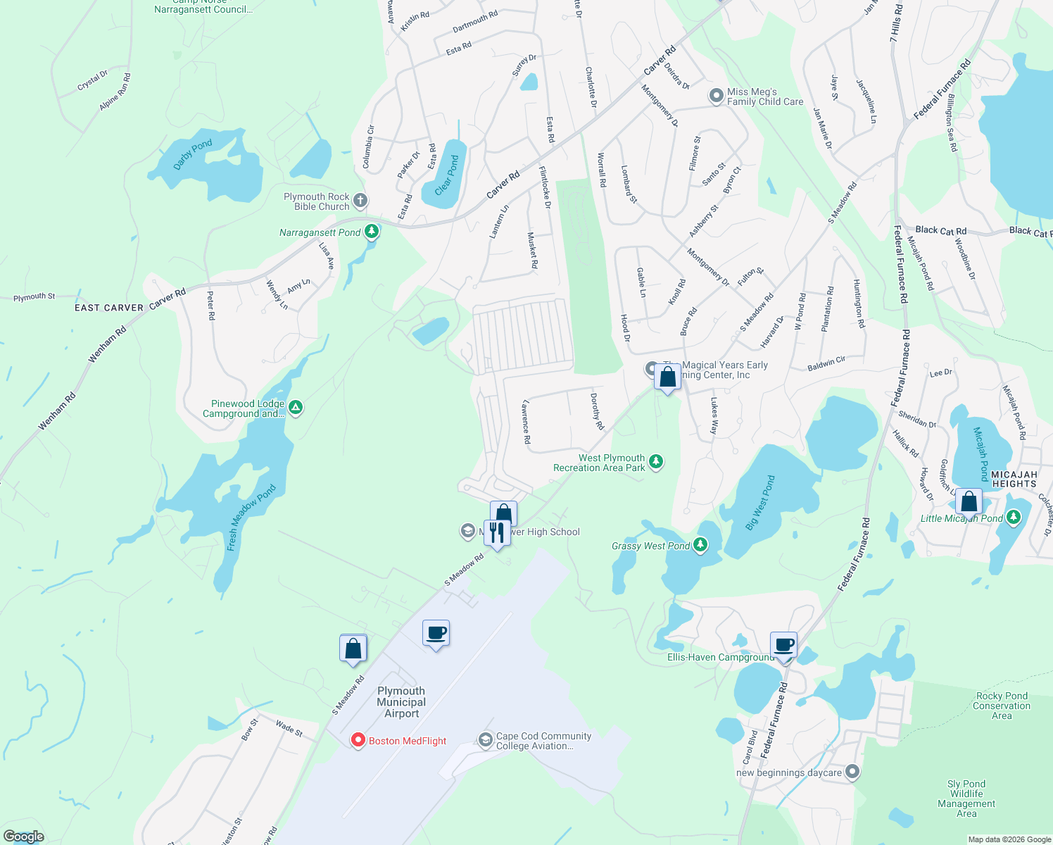 map of restaurants, bars, coffee shops, grocery stores, and more near 29 Lawrence Road in Plymouth