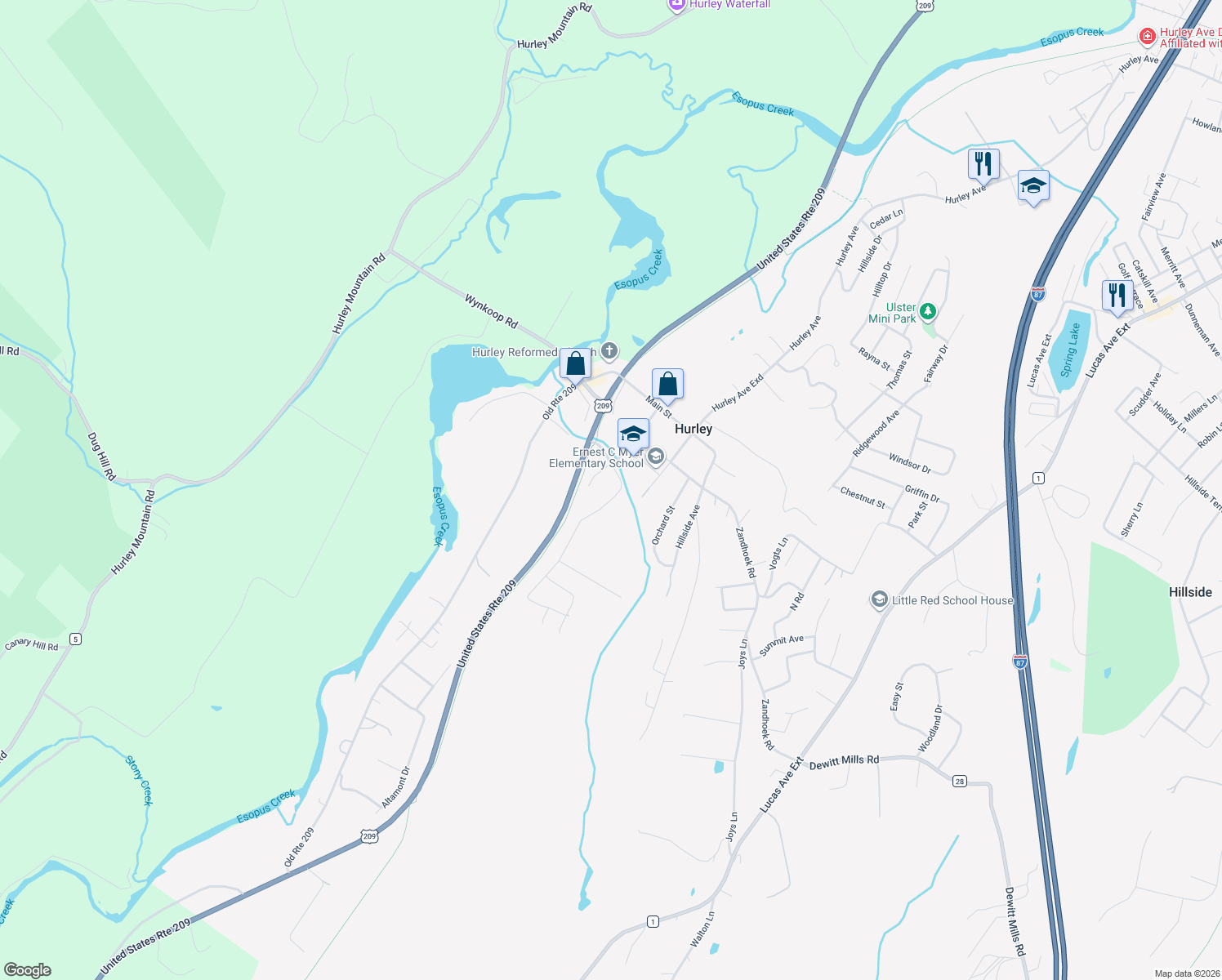 map of restaurants, bars, coffee shops, grocery stores, and more near 144 Russell Rd in Hurley