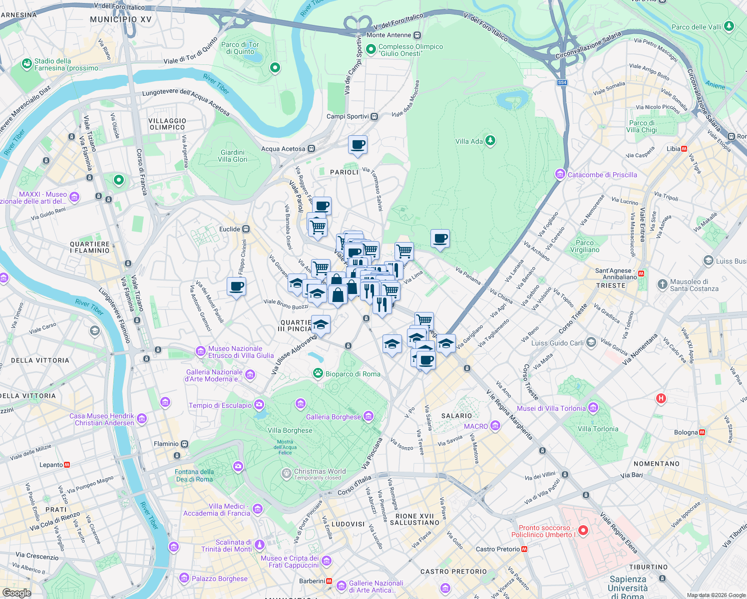 map of restaurants, bars, coffee shops, grocery stores, and more near 48 Viale Gioacchino Rossini in Roma