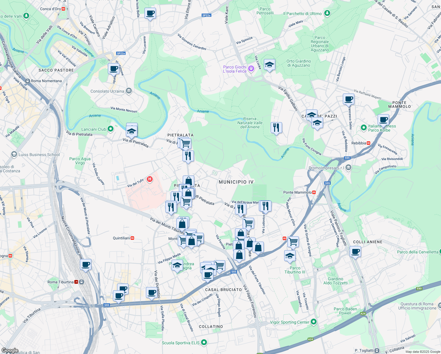 map of restaurants, bars, coffee shops, grocery stores, and more near 108 Via Ramiro Fabiani in Roma