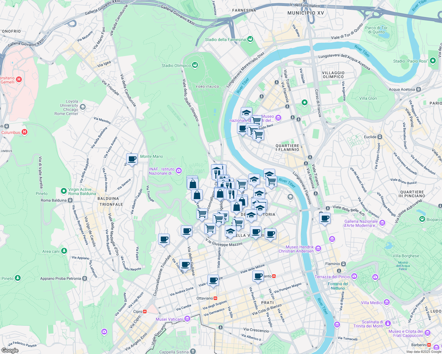 map of restaurants, bars, coffee shops, grocery stores, and more near 291 Piazzale Maresciallo Giardino in Roma