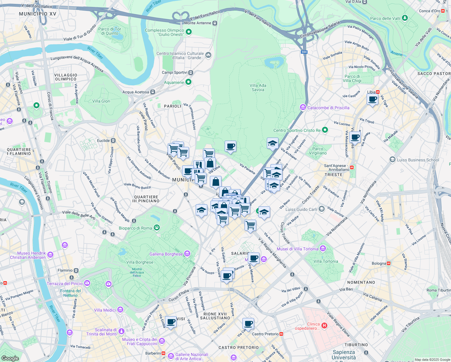 map of restaurants, bars, coffee shops, grocery stores, and more near 15 Via Lovanio in Rome