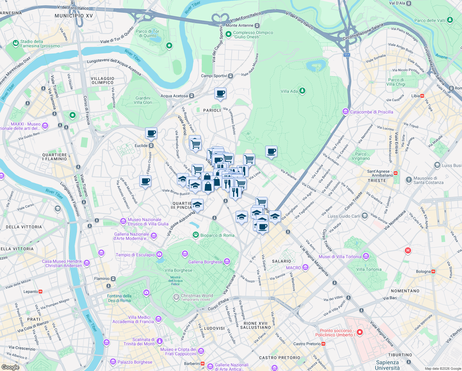 map of restaurants, bars, coffee shops, grocery stores, and more near 48 Viale Gioacchino Rossini in Rome