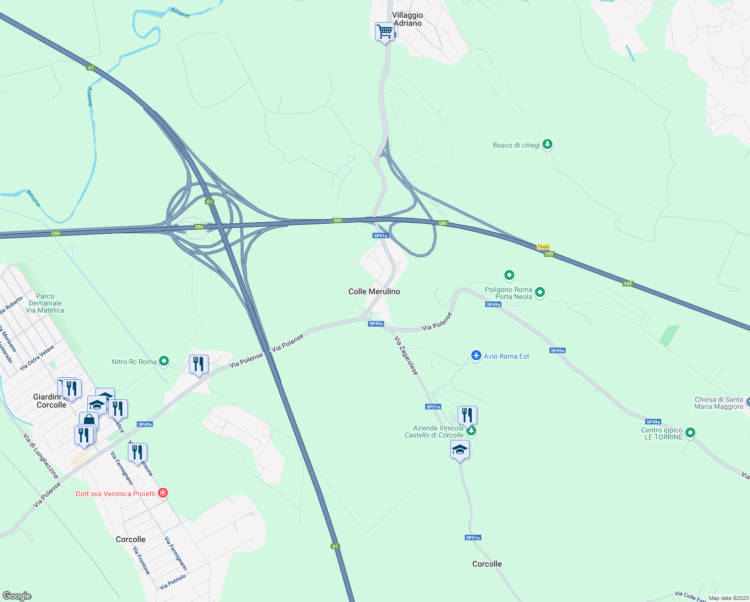 map of restaurants, bars, coffee shops, grocery stores, and more near Via Maremmana Inferiore in Rome