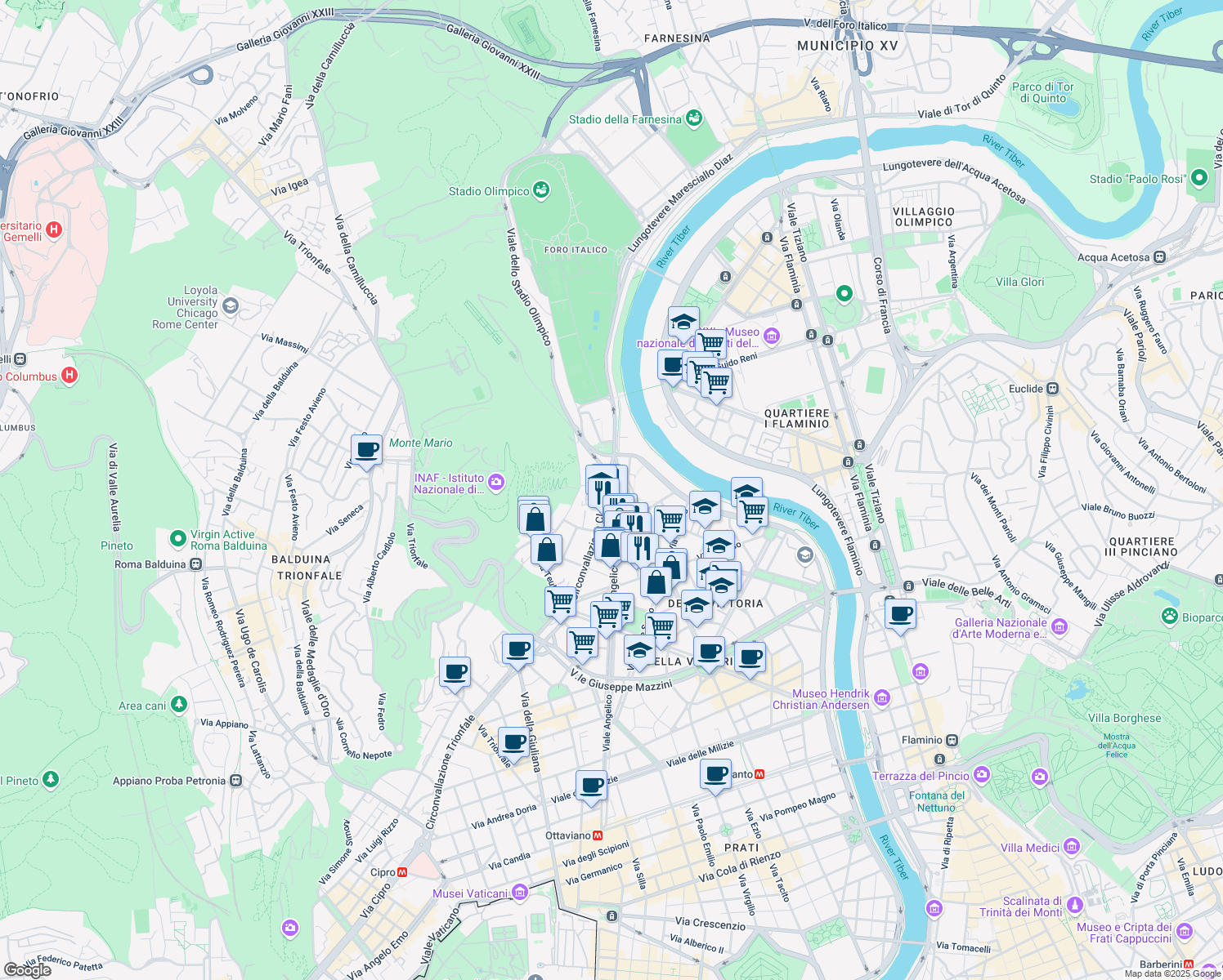 map of restaurants, bars, coffee shops, grocery stores, and more near 291 Piazzale Maresciallo Giardino in Roma