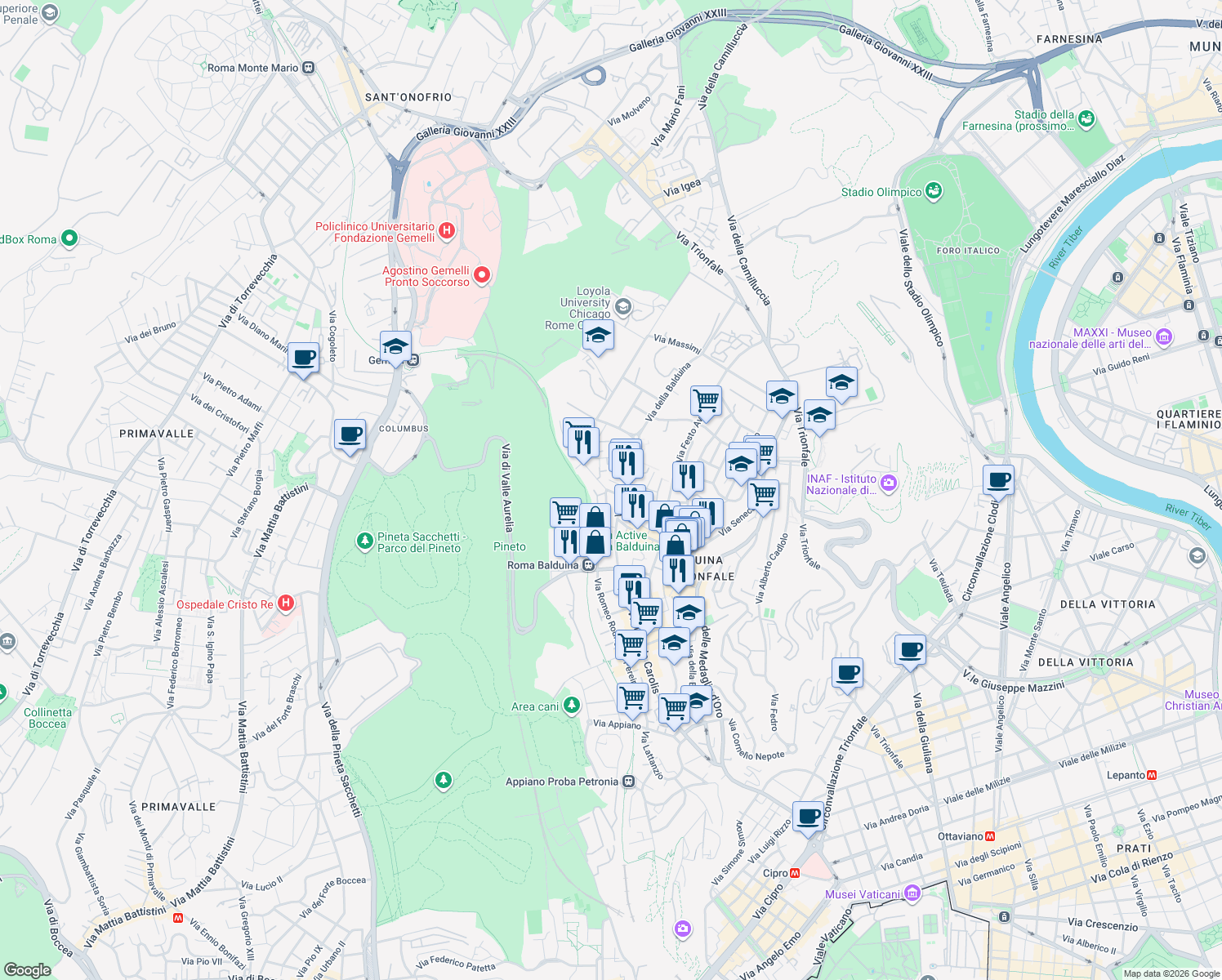map of restaurants, bars, coffee shops, grocery stores, and more near 195-197 Via della Balduina in Rome