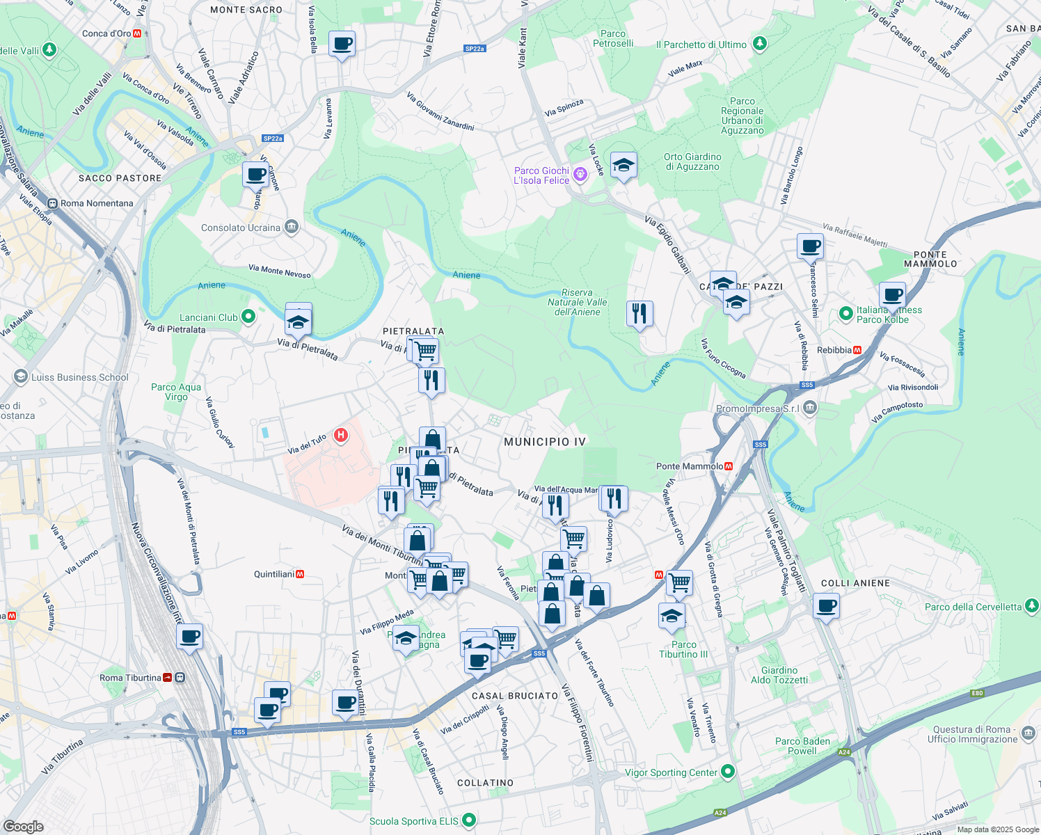 map of restaurants, bars, coffee shops, grocery stores, and more near 108 Via Ramiro Fabiani in Roma