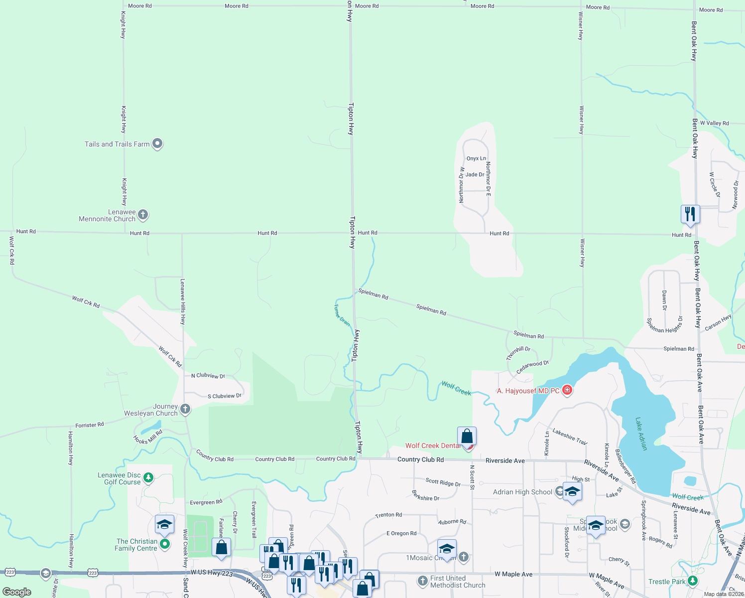map of restaurants, bars, coffee shops, grocery stores, and more near 3915 Spielman Road in Adrian