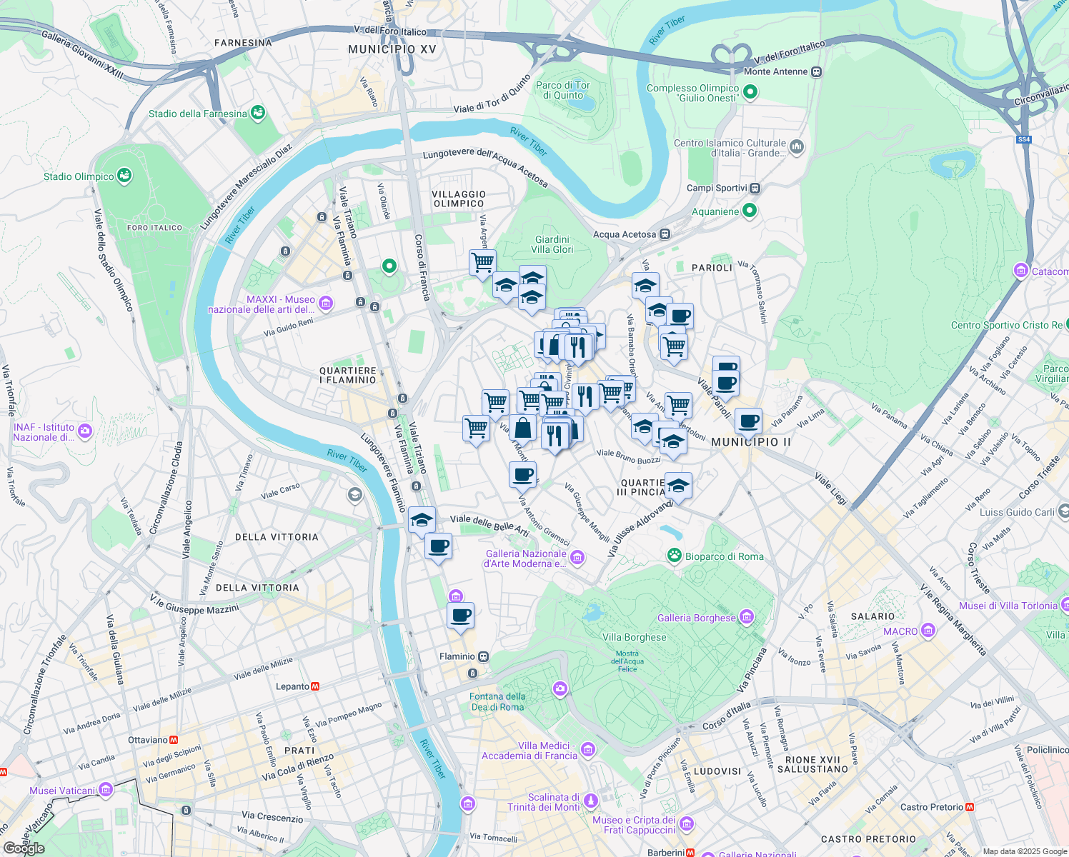map of restaurants, bars, coffee shops, grocery stores, and more near 59 Via Archimede in Roma