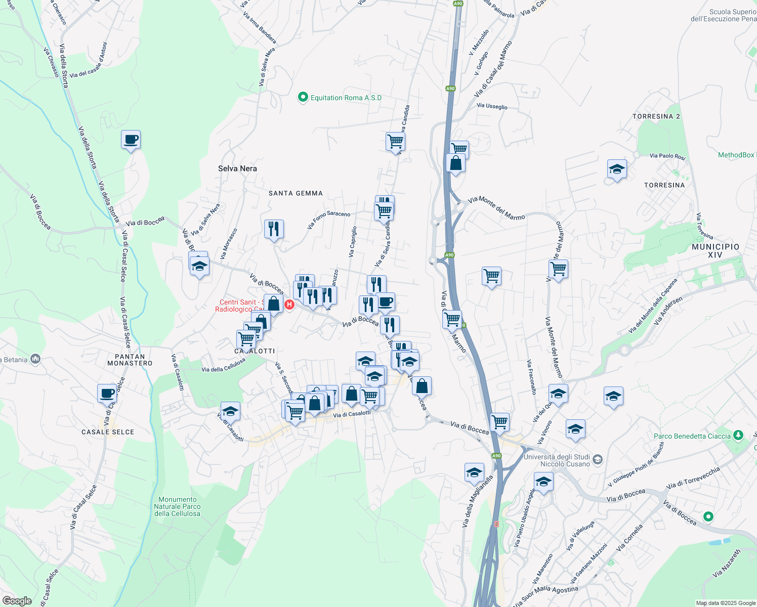 map of restaurants, bars, coffee shops, grocery stores, and more near 45 Via di Selva Candida in Rome