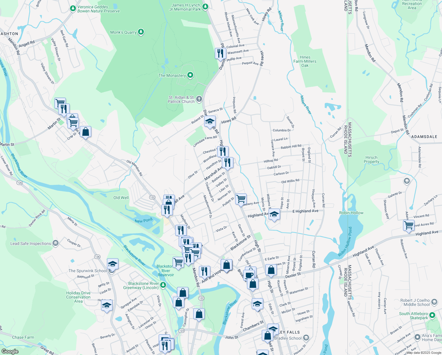 map of restaurants, bars, coffee shops, grocery stores, and more near 14 Baldwin St in Cumberland