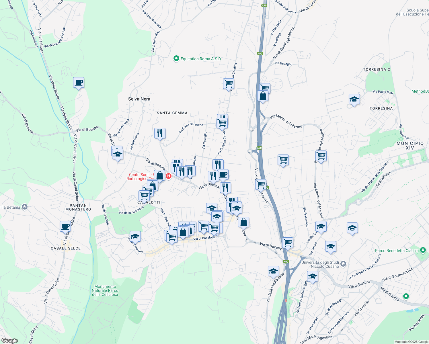map of restaurants, bars, coffee shops, grocery stores, and more near 45 Via di Selva Candida in Rome