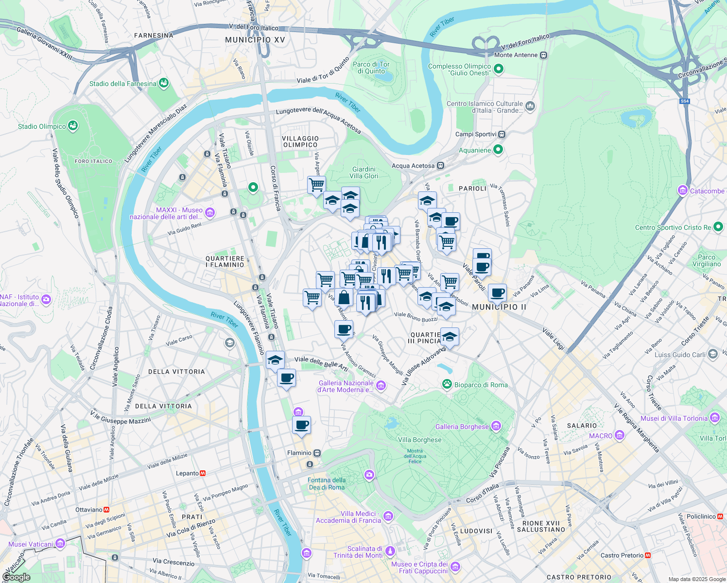 map of restaurants, bars, coffee shops, grocery stores, and more near 39-59 Via Archimede in Rome