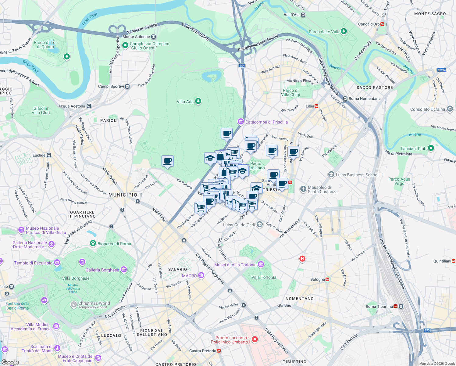 map of restaurants, bars, coffee shops, grocery stores, and more near 14 Piazza Verbano in Rome