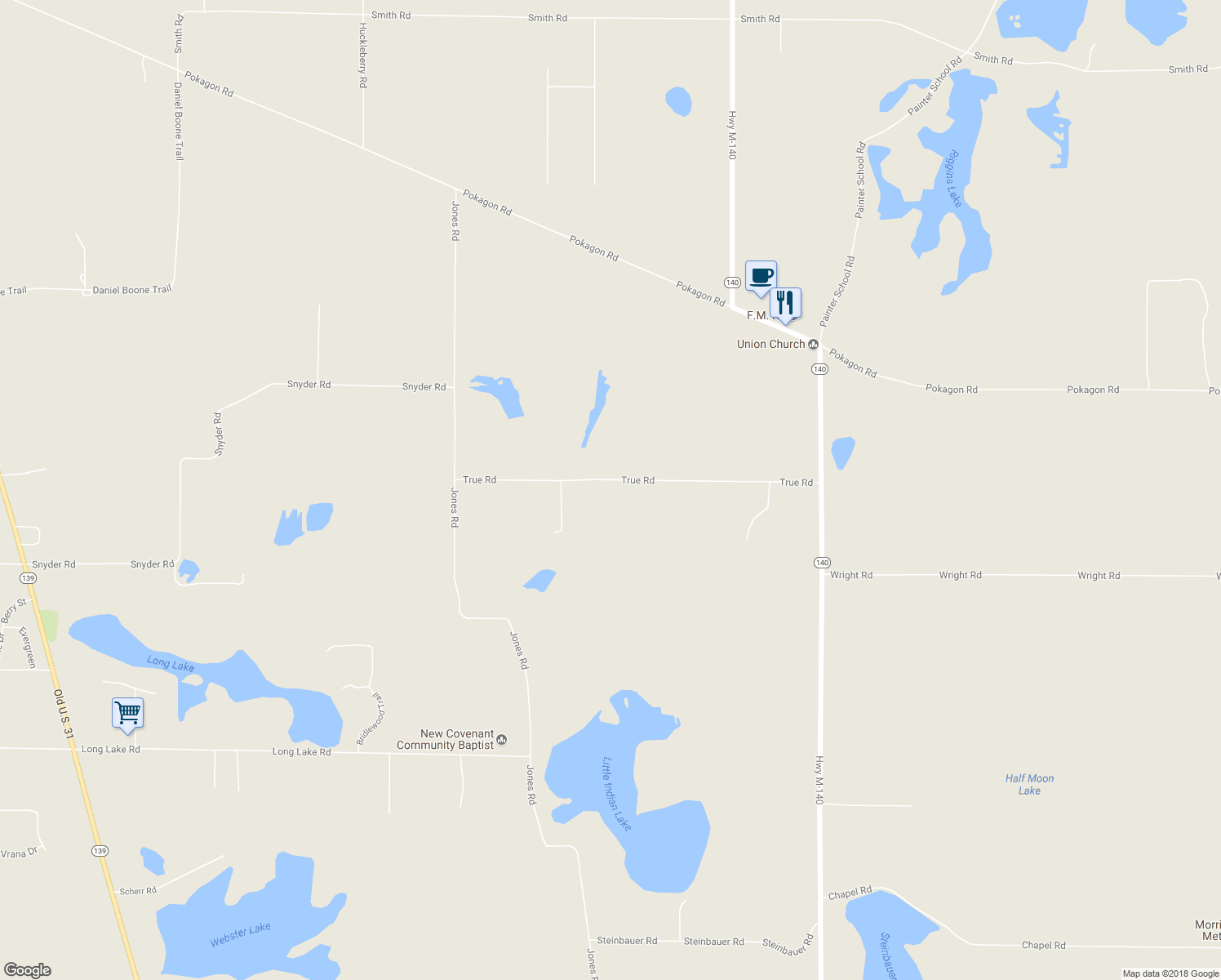 map of restaurants, bars, coffee shops, grocery stores, and more near 7234 True Road in Niles
