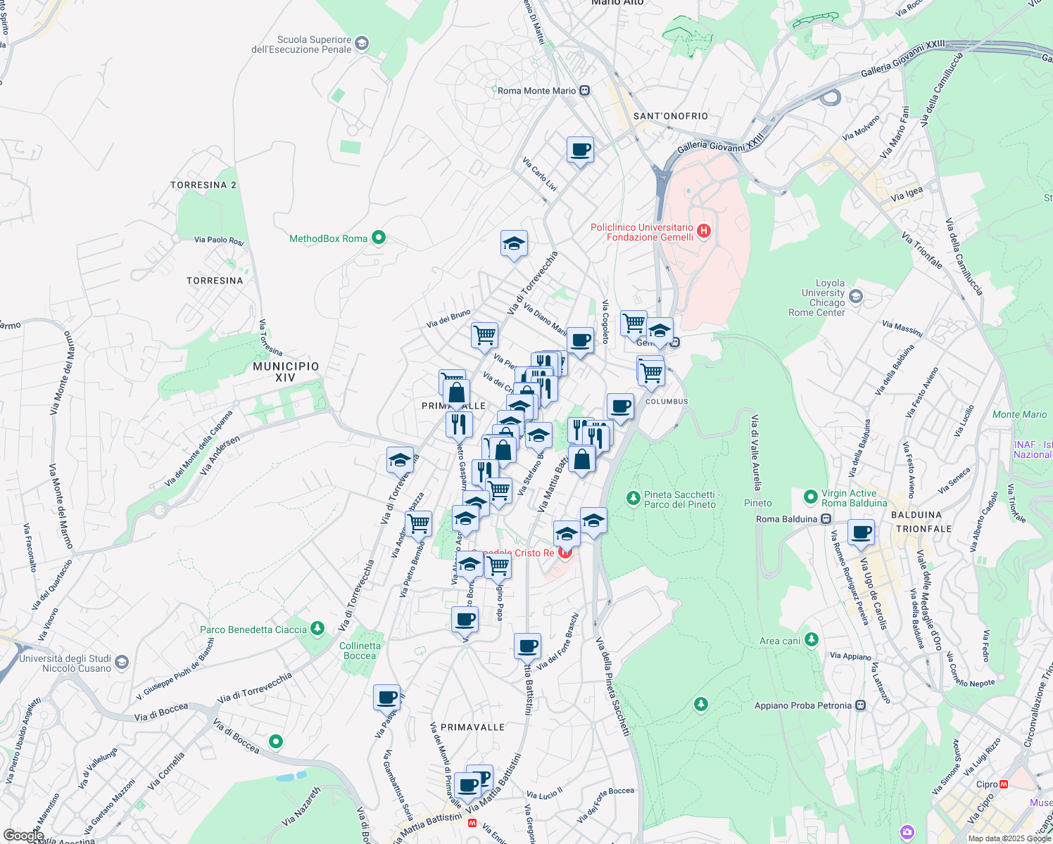 map of restaurants, bars, coffee shops, grocery stores, and more near 5 Via Pietro Accolti in Roma
