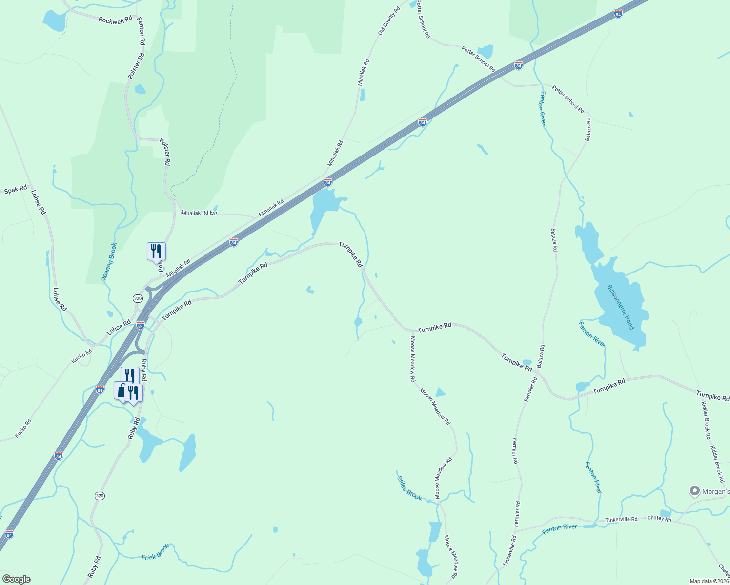 map of restaurants, bars, coffee shops, grocery stores, and more near 123 Turnpike Road in Willington
