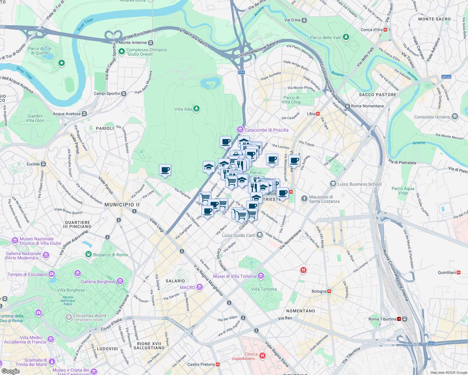 map of restaurants, bars, coffee shops, grocery stores, and more near 37 Via Nemorense in Roma