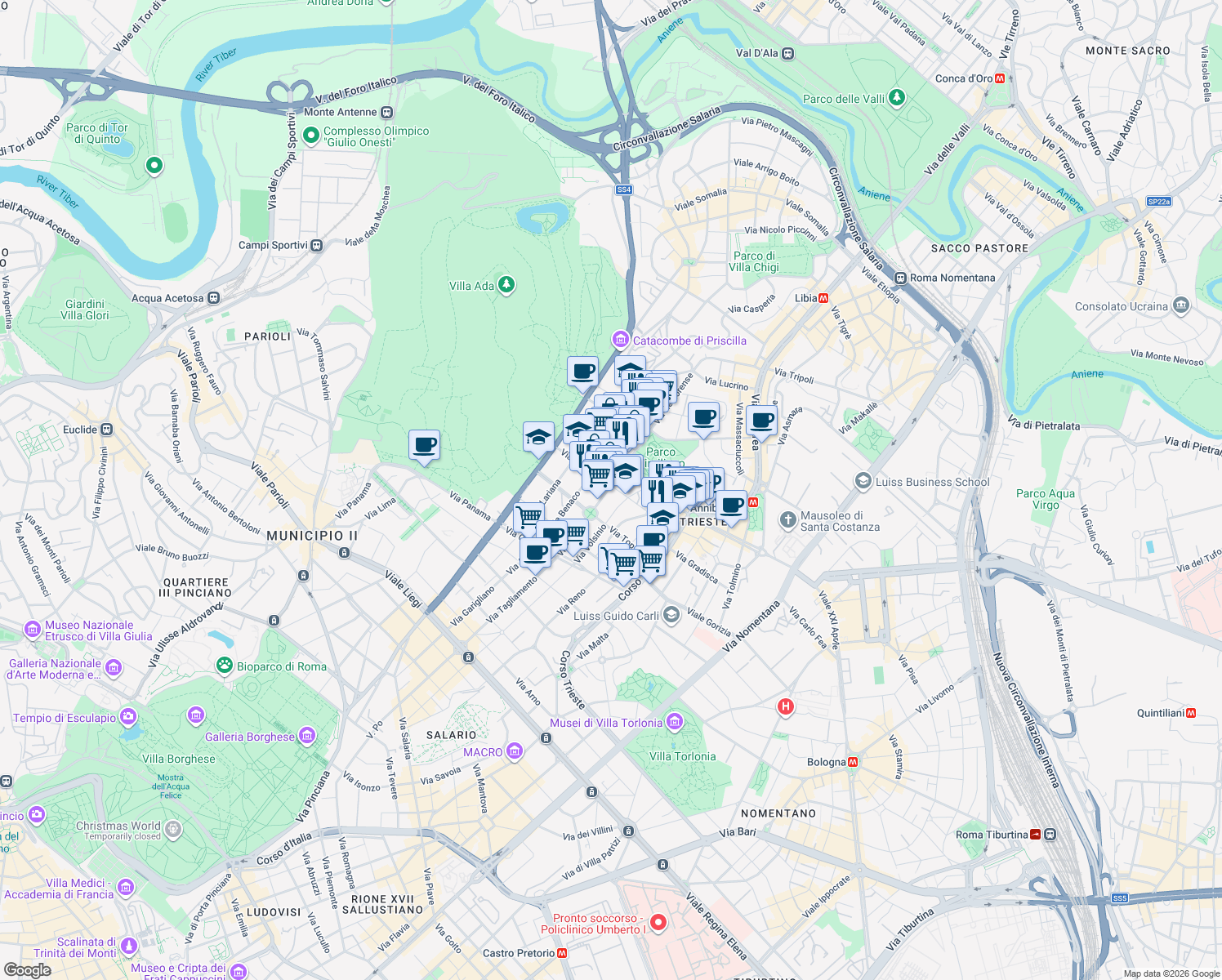 map of restaurants, bars, coffee shops, grocery stores, and more near 37 Via Nemorense in Rome
