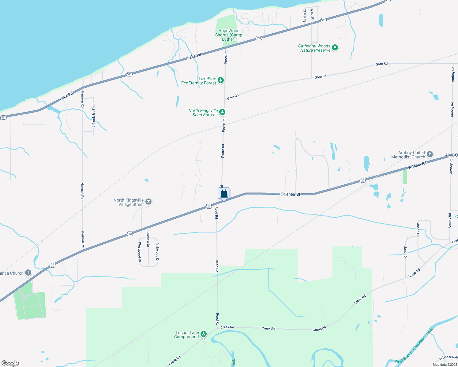 map of restaurants, bars, coffee shops, grocery stores, and more near 3899 East Center Street in Conneaut