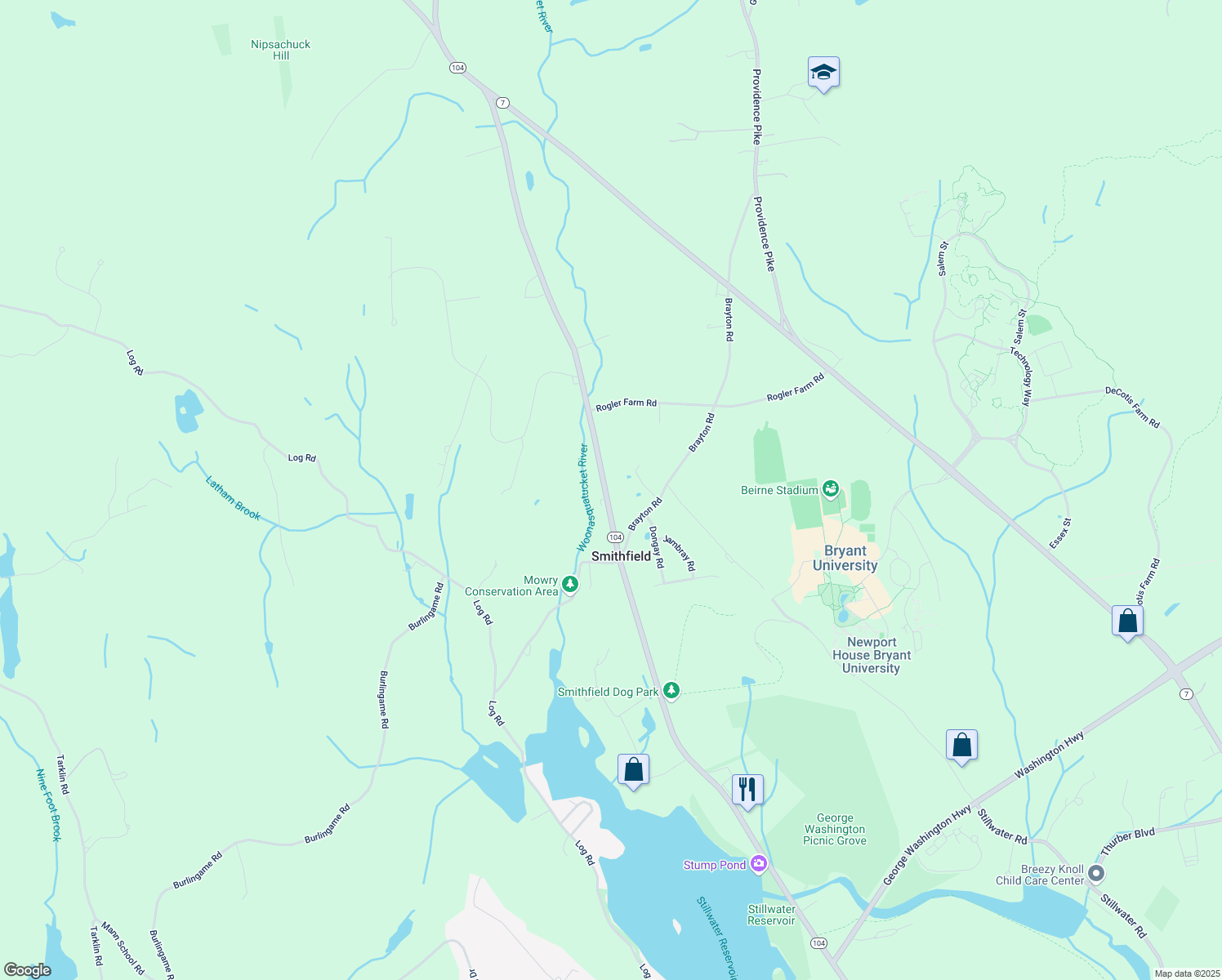 map of restaurants, bars, coffee shops, grocery stores, and more near 391 Farnum Pike in Smithfield