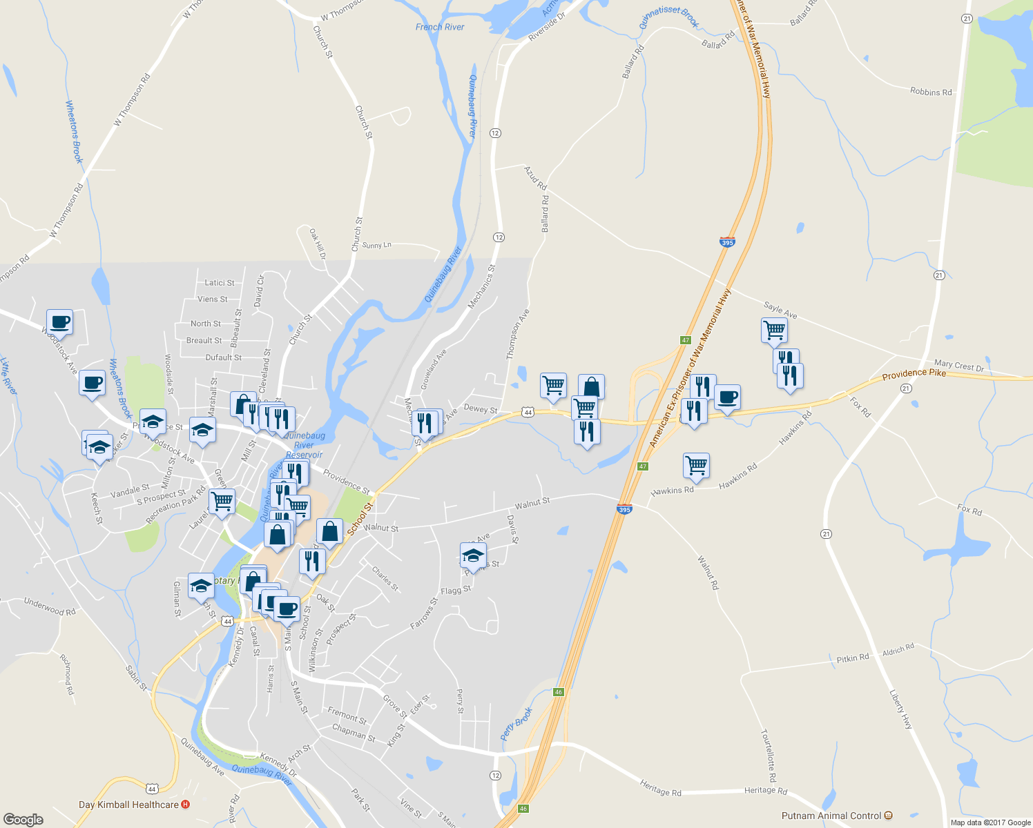 map of restaurants, bars, coffee shops, grocery stores, and more near 475 School Street in Putnam