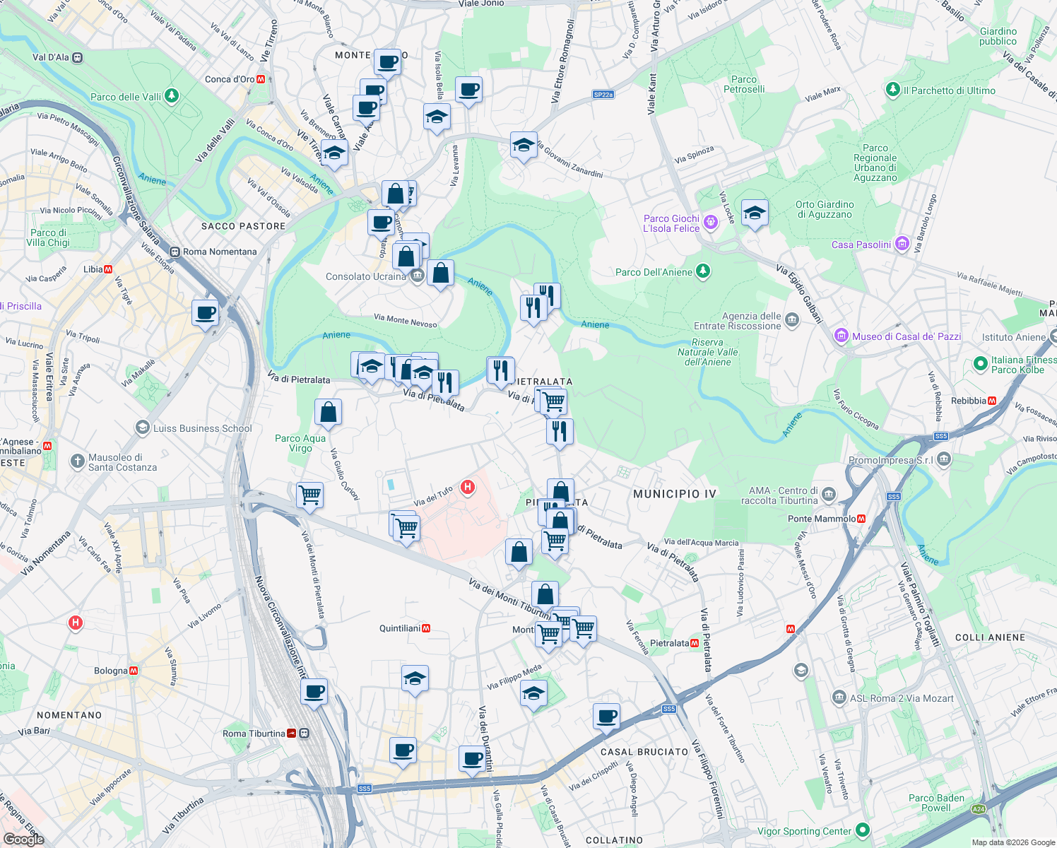 map of restaurants, bars, coffee shops, grocery stores, and more near 33 Via Bartolomeo Massalongo in Roma