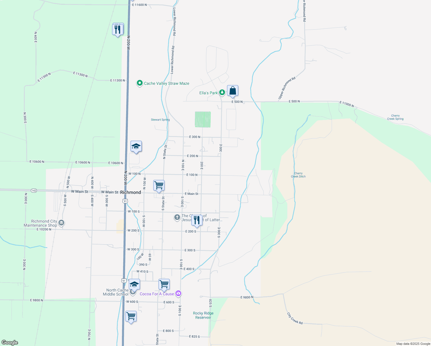 map of restaurants, bars, coffee shops, grocery stores, and more near 277 East 100 North in Richmond