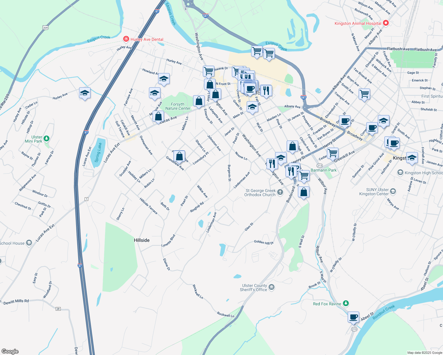 map of restaurants, bars, coffee shops, grocery stores, and more near 45 Burgevin St in Kingston