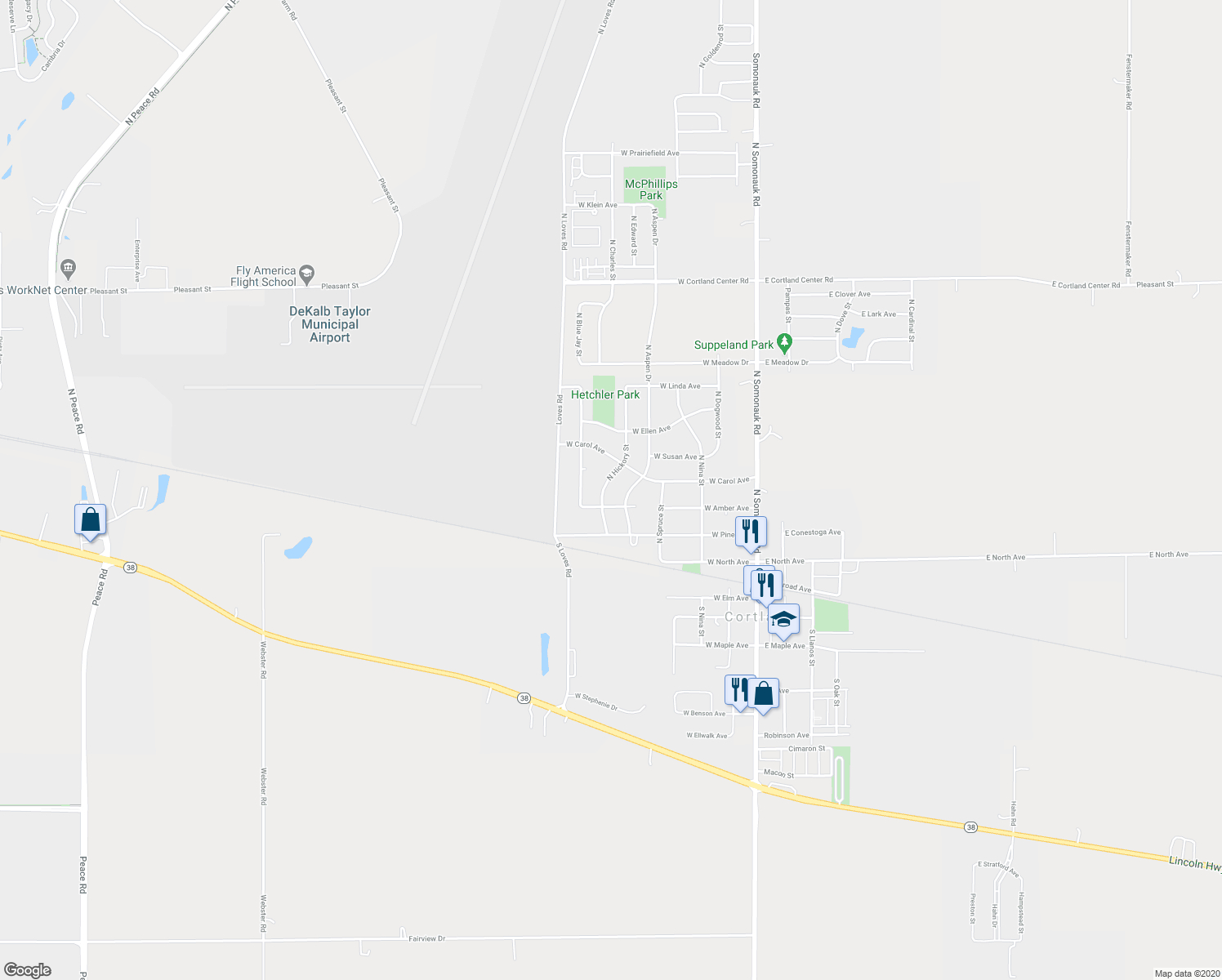 map of restaurants, bars, coffee shops, grocery stores, and more near 104 North Hickory Street in Cortland